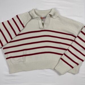 Watermelon Sugar Cream Red Striped Cropped Sweater Large Cottagecore Collared